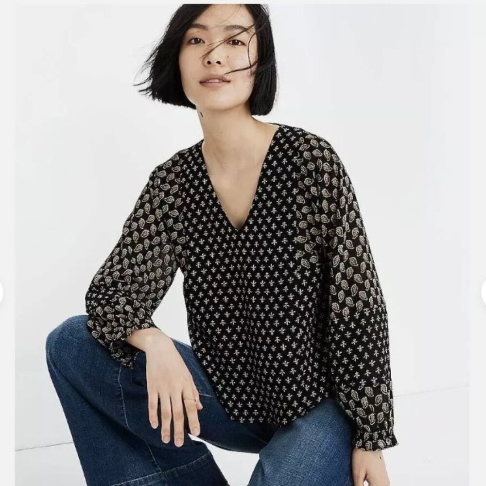 Madewell Sheer-Sleeve Top in Brushstroke Paisley Mix Blouse SZ XS - Picture 2 of 6